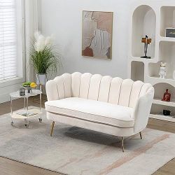NEW Beige Small Mini Room Couch Two-Seater Sofa with Gold Metal Leg - 2 Seat - Beige Chenille