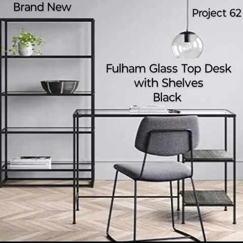 Brand New Fulham Glass Top Desk With Wood Shelves