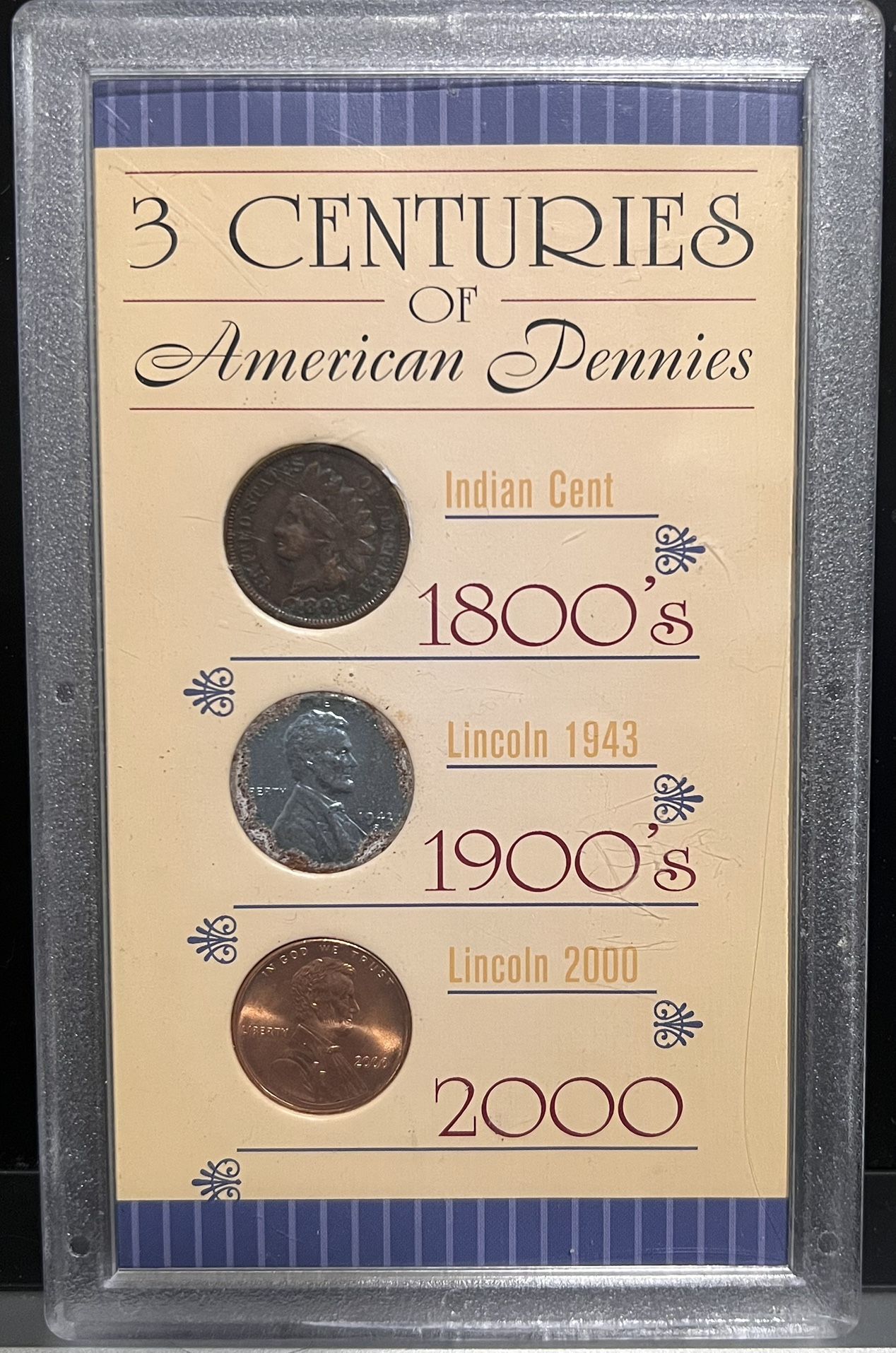AMERICAN PENNIES SET • 1898 Indian Head Cent + 1943 Steel Penny + 2000 Lincoln Penny • Informational Case with Certificate of Authenticity