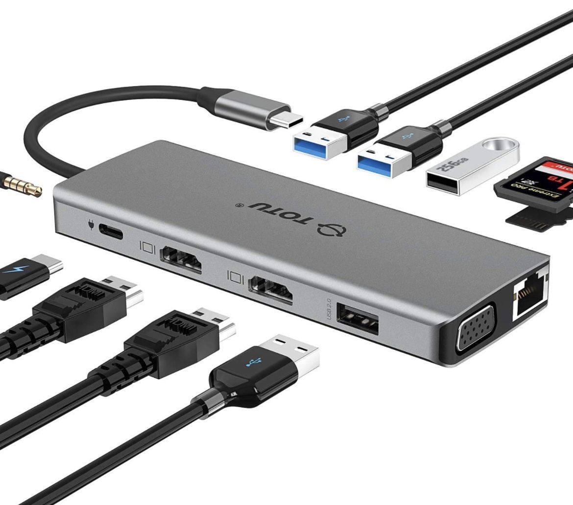 Totu USB-C Hub with 2x HDMI, VGA, Ethernet, 4x USB, SD & TF, 3.5mm Audio/Mic 2in1, Type-C Charge