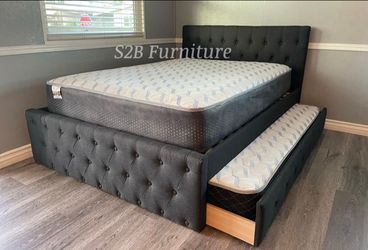 Full Twin Grey Frenchi Trundle Bed With Orthopedic Mattress Included