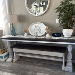 Whitewashed sofa table and bench