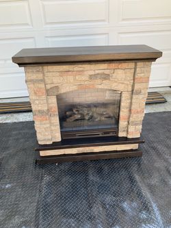 allen + roth 43.5-in W Stacked Faux Sandstone with Coffee Oak Free standing Infrared quartz Flat Wall Electric Fireplace
