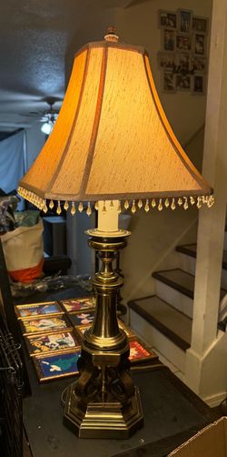 Vintage Brass Table Lamp with Beaded Shade Trim