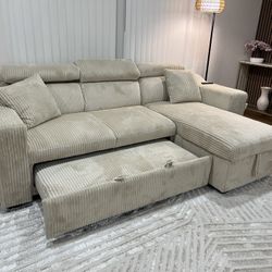 Sectional With Pull Out Bed Beige New Box