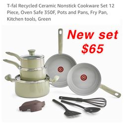 New T-fal Ceramic Nonstick Cookware Set 12 Piece, Oven Safe 350F, Pots and Pans, Fry Pan, Kitchen tools, Green $65 cash only east Palmdale 