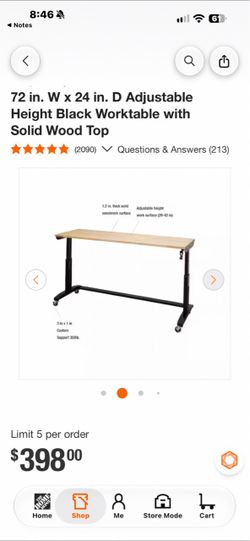 Husky  72in Adjustable Height Worktable with Wood Top