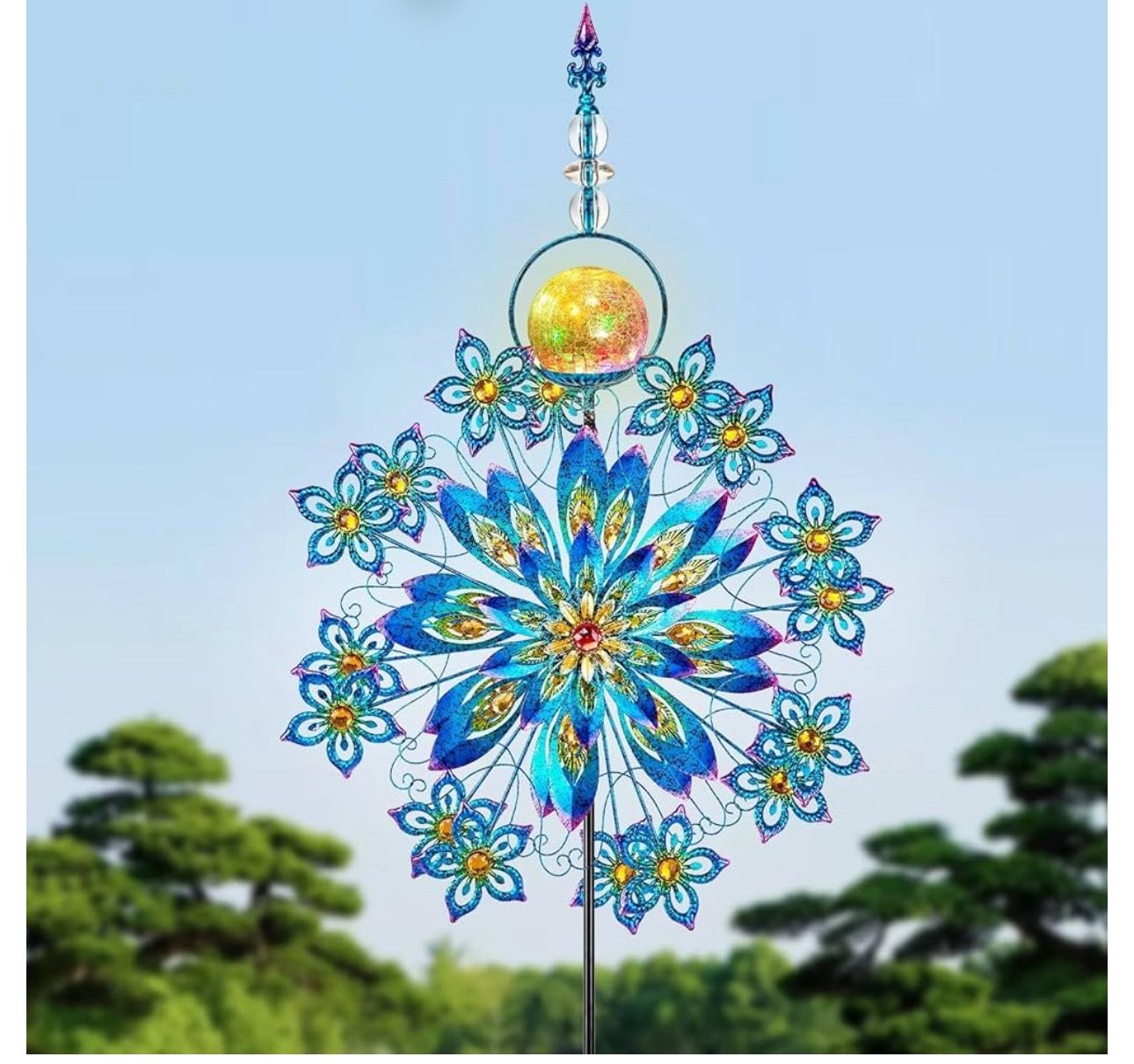 75” Large Solar Wind Spinner, Metal Yard Spinners with Solar Powered Glass Ball, Kinetic Dual Direction Windmill Sculptures for Outdoor Yard Lawn Pati