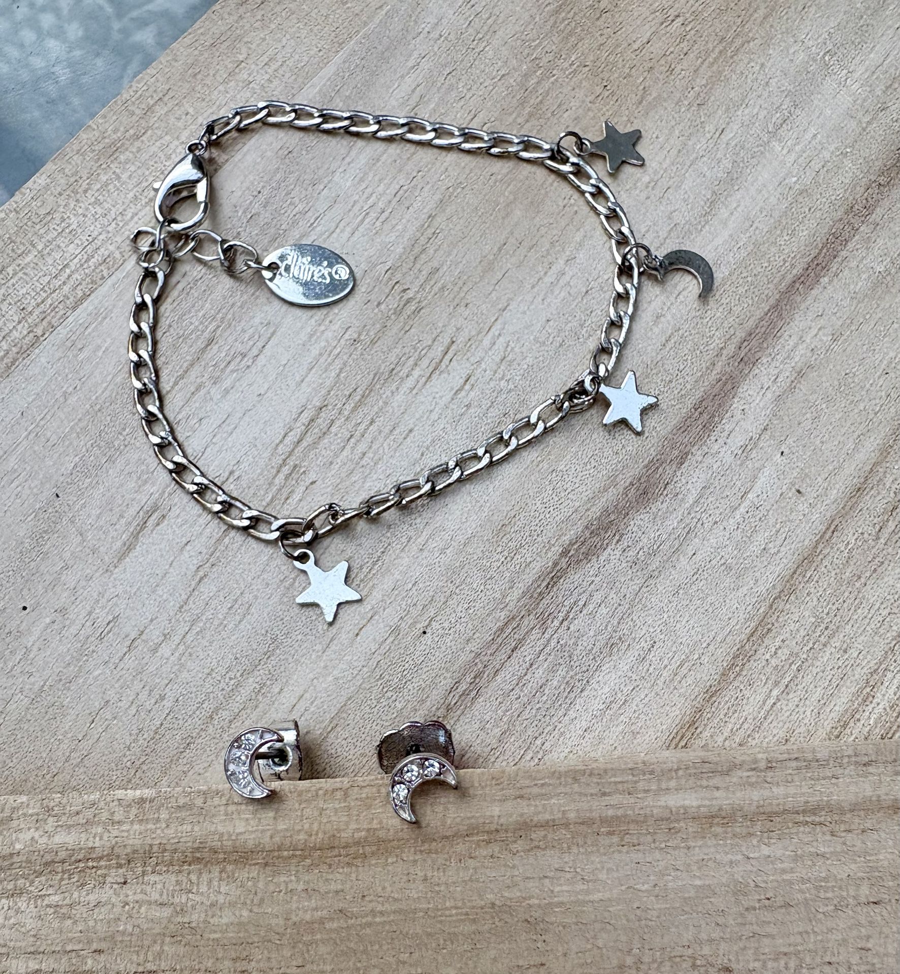 Claire's Dainty Moon & The Stars Silver Charm Bracelet & Crystal Moon Studs