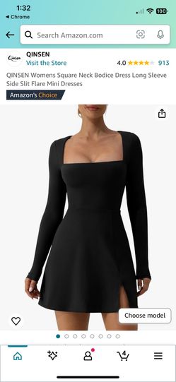 QINSEN Womens Square Neck Bodice Dress Long Sleeve Side Slit Flare Mini Dresses