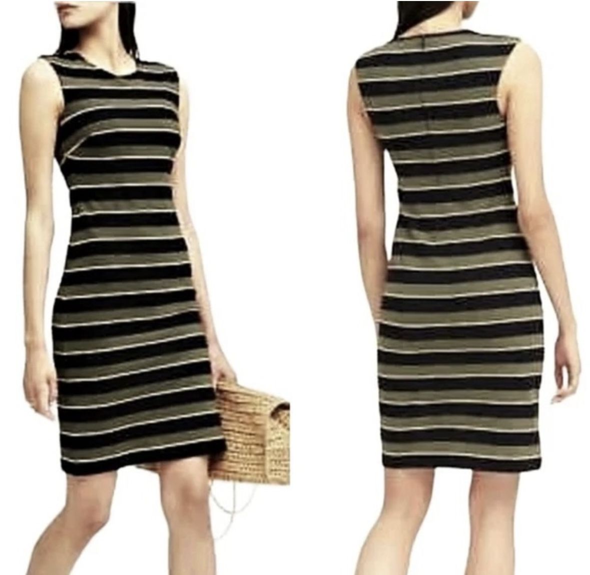 Banana Republic Striped Black and Brown Sleeveless Business Casual Sheath Dress, size 0