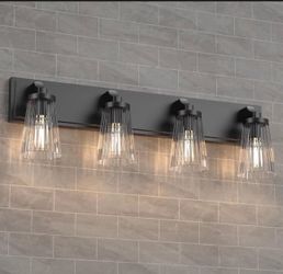 Black Bathroom Vanity Light, 4 Light Bathroom Light Fixtures with Grooved Glass Shade, Matte Black Vanity Lights for Bathroom, Lighting Fixtures Over