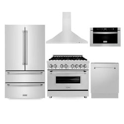 ZLINE Kitchen Package with Refrigeration, 36 in. Stainless Steel Dual Fuel Range, 36 in. Convertible Vent Range Hood, 24 in. Microwave Drawer, and 24 