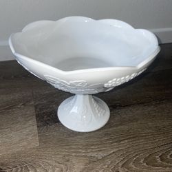 Vintage Milk Glass Fruit Compote Bowl On Pedestal 10in
