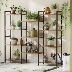 Triple 4 Tier Bookshelf, Large Bookcase with 11 Open Display Shelves, Modern Industrial Book Shelves Book Case for Bedroom, Wide Standing S