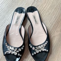 Miu Miu Sparky Black Women’s Flat Peep Toe Mules/ Sandals Shoes Size 37.5
