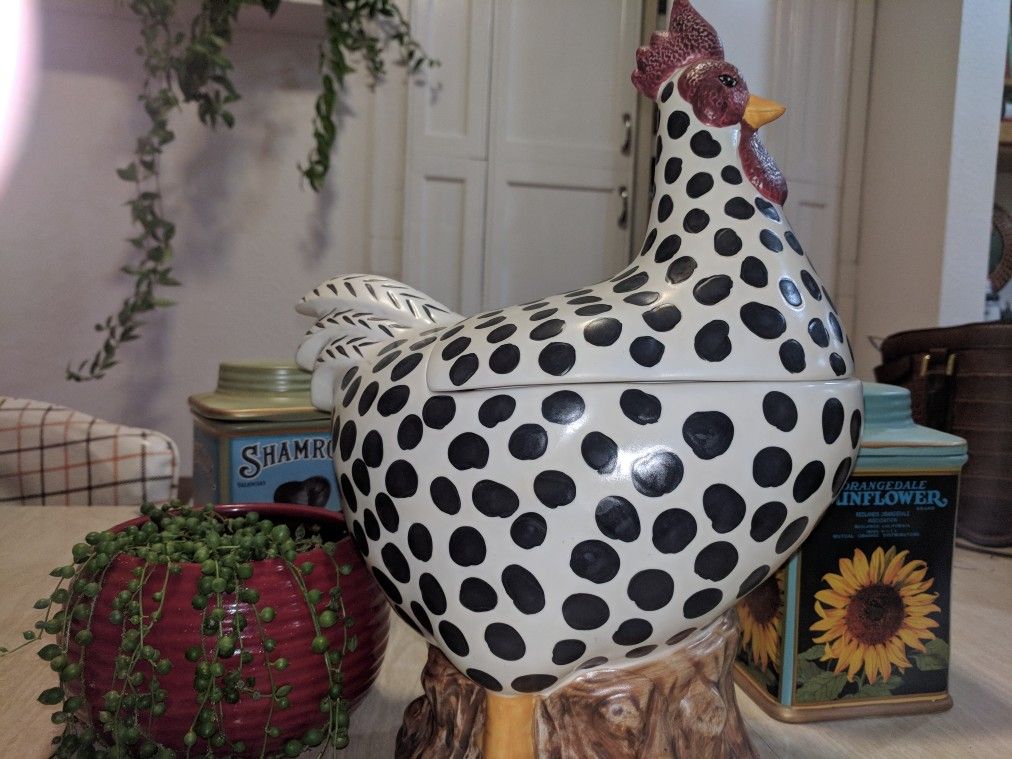 Vintage Sakura Warren Kimble Hand Painted Cookie Jar Spotted Rooster Chicken
