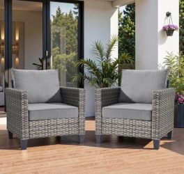 Gray 2-Piece Wicker Single Outdoor Lounge Chair Single Chairs with Dark Gray Cushion for Patio, Deck, Porch