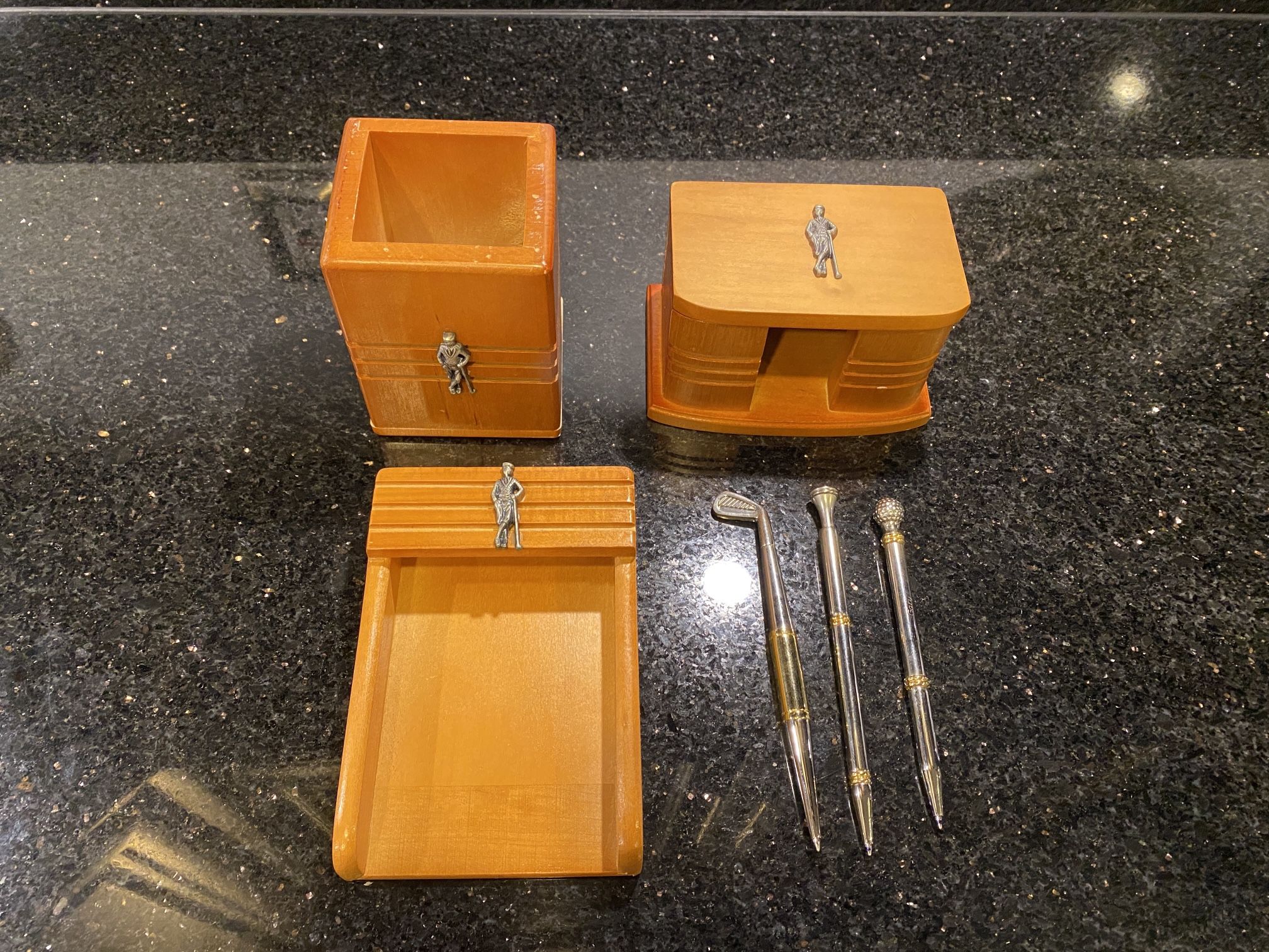 Vintage Golfer Light Wood Desk Set Note & Business Card Holders Pen Cup & 3 Pens