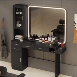 Salon Station for Hair Styling, Barber Furniture w/Hair Dryer Holder, Cabinet & Drawers, Wall Mount Hair Salon Equipment Without Mirror, Black