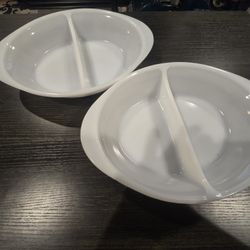 2 Vintage 8 1/2” X 12 Glasbake Divided Casserole Dish Milk Glass White J-239 USA