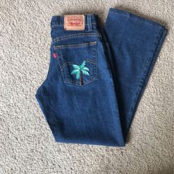 Women’s Levi Relaxed Boot Cut Jeans Size 4 M With Palm Trees And Pink Flamingos New