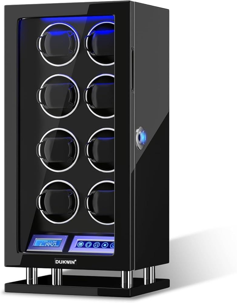 DUKWIN Watch Winder for 3/4/6/8/9/12 Automatic Watches, Fingerprint Lock Watch Winders with LCD Touchscreen, Blue LED Light, Remote Control,Adjustable