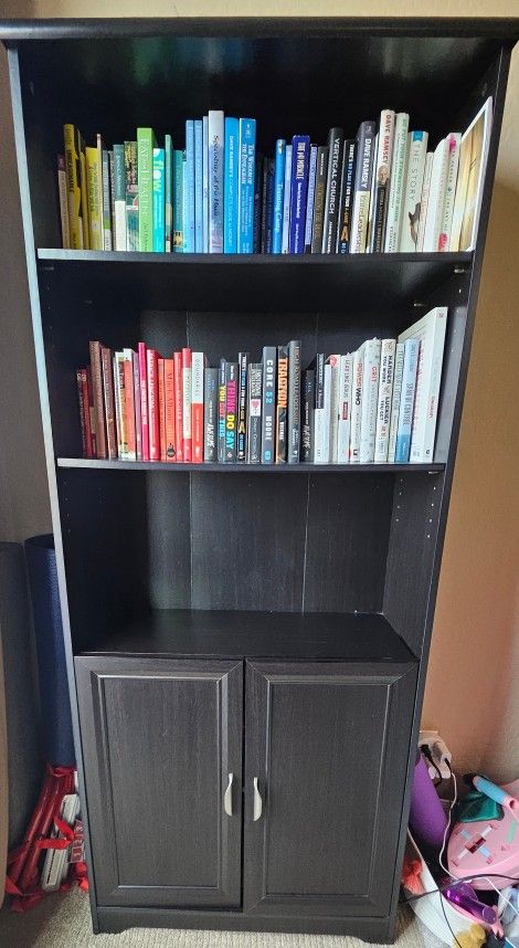 Realspace Magellan 72"H 5-Shelf Contemporary Bookcase W/Doors Espresso/Dark Finish