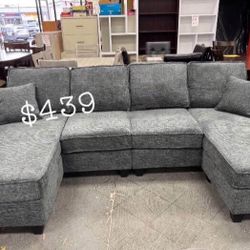 U Shape Sectional Sofa Chenille Fabric Slate Grey Or Dark Blue 