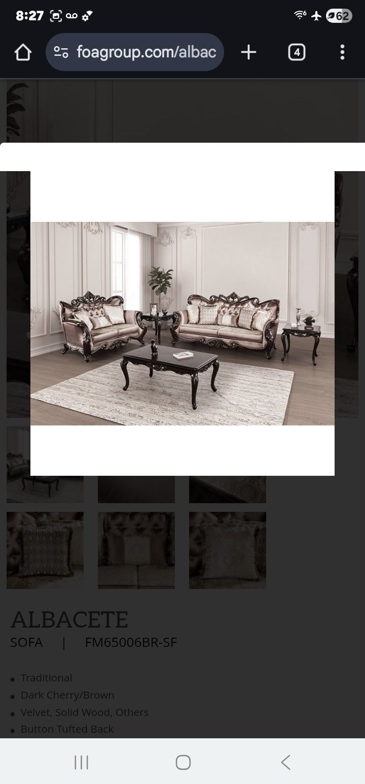 Brand New Silver Velvet Dark Cherry/Brown Traditional Sofa + Loveseat 2PCs Set