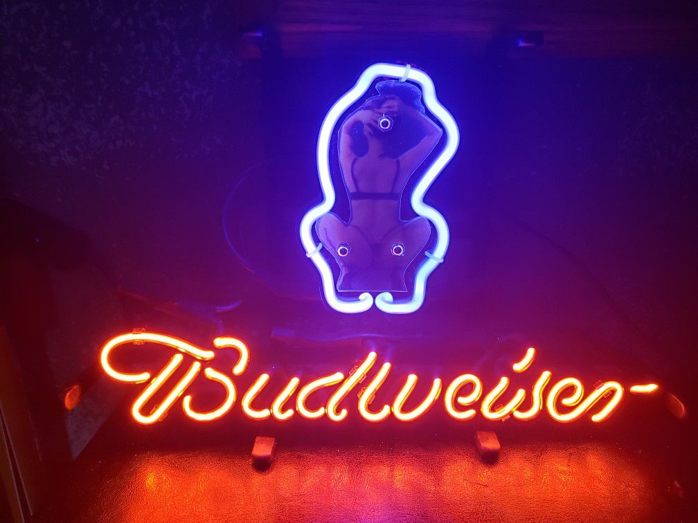 Budweiser bikini girl squatting neon light