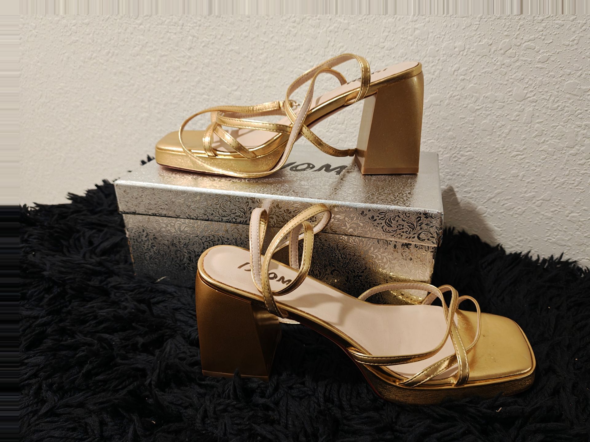 ISNOM Gold Strappy Block Heel Sandals!!!