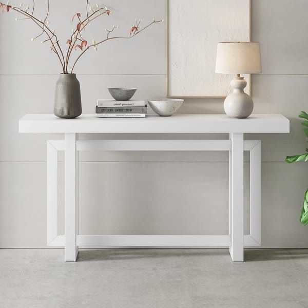 59.1" Painted Entryway Table with Pine Veneer,Unique Triple Rectangle Design Console Table with Thick Pine Wood Legs - White