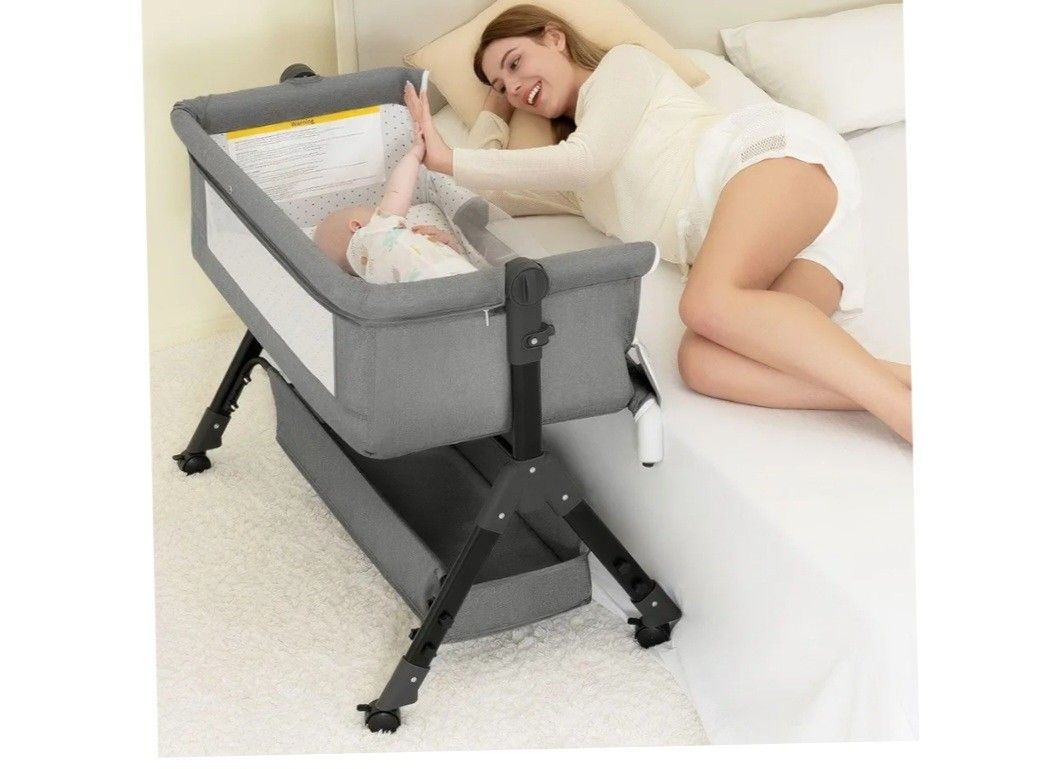 3 in 1 Baby Bassinet Bedside Sleeper, Bedside Crib for Baby, Adjustable Baby Bassinet with Wheels, Storage Basket, Mattress, Easy Assemble & Folding P