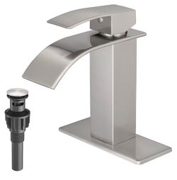 Waterfall Bathroom Faucets Brushed Nickel Modern Single Handle Sink Faucet for 1 or 3 Holes with Deck Plate and Pop-Up Drain, Rv Sink Camper Farmhouse