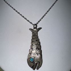 Vintage Taxco Sterling Silver & Turquoise Articulated Fish Pendant Necklace 