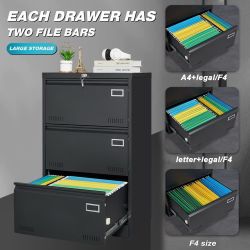 Filing Cabinet Lateral File Cabinet 3 Drawer, Blcak Locking Metal File Cabinets