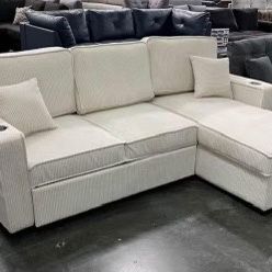 New Corduroy Sectional W Pullout Bed / Chaise Storage.  Off White / Beige.  56” X 89” X 36”H.  Free Delivery!