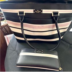 Chic tote and wallet set with black and pink stripes. Elegant design for versatile use. Like New