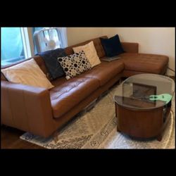 IKEA MORABO L Shaped Leather Sofa AND Chaise, golden brown/wood