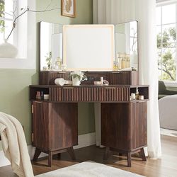 Fluted Makeup Vanity Desk with 3 Way Mirror and Lights, 48" Large Corner Vanity Table with Glass Top, Charging Station, 3 Drawers, Storage Cabinets & 