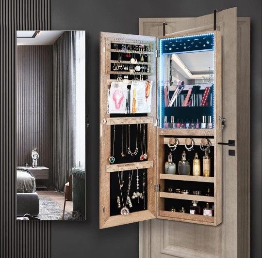 Makeup Mirror Jewelry Storage Cabinet w/LED and lock