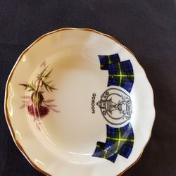 Duchess bone china bowl Scottish with Gordon Family crest and purple thistle flower with gold lip design