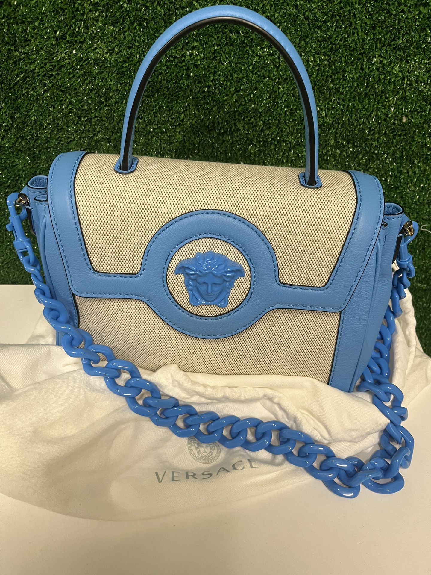 Versace Blue La Medusa Canvas Top Handle Bag NWT Brand New