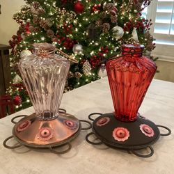 Two Jewel Shaped Glass Hummingbird Feeders 