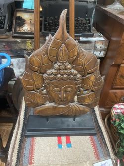 Wood Carved Buddha Head On Stand 19 By 14 