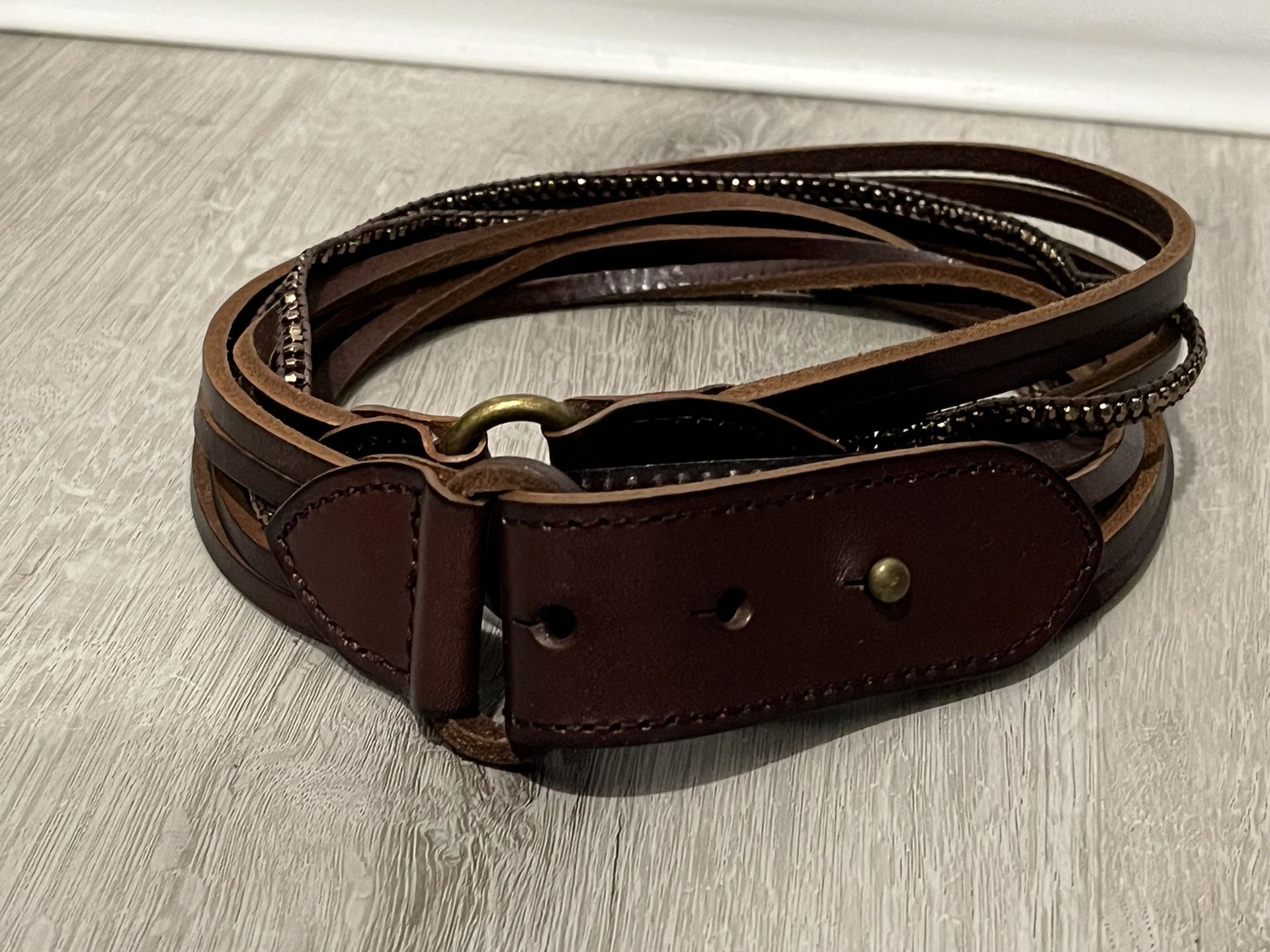 Eddie Bauer Women’s Brown Leather Belt With Brown Bead Embellishment Size Small