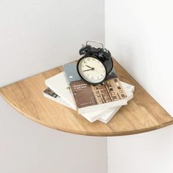 Corner Shelf,16inch Natural Oak Solid Wood Floating Corner Shelves Wall Mount Round End Floating Speaker Rack with Wire Hole for Small Plant for Bedro