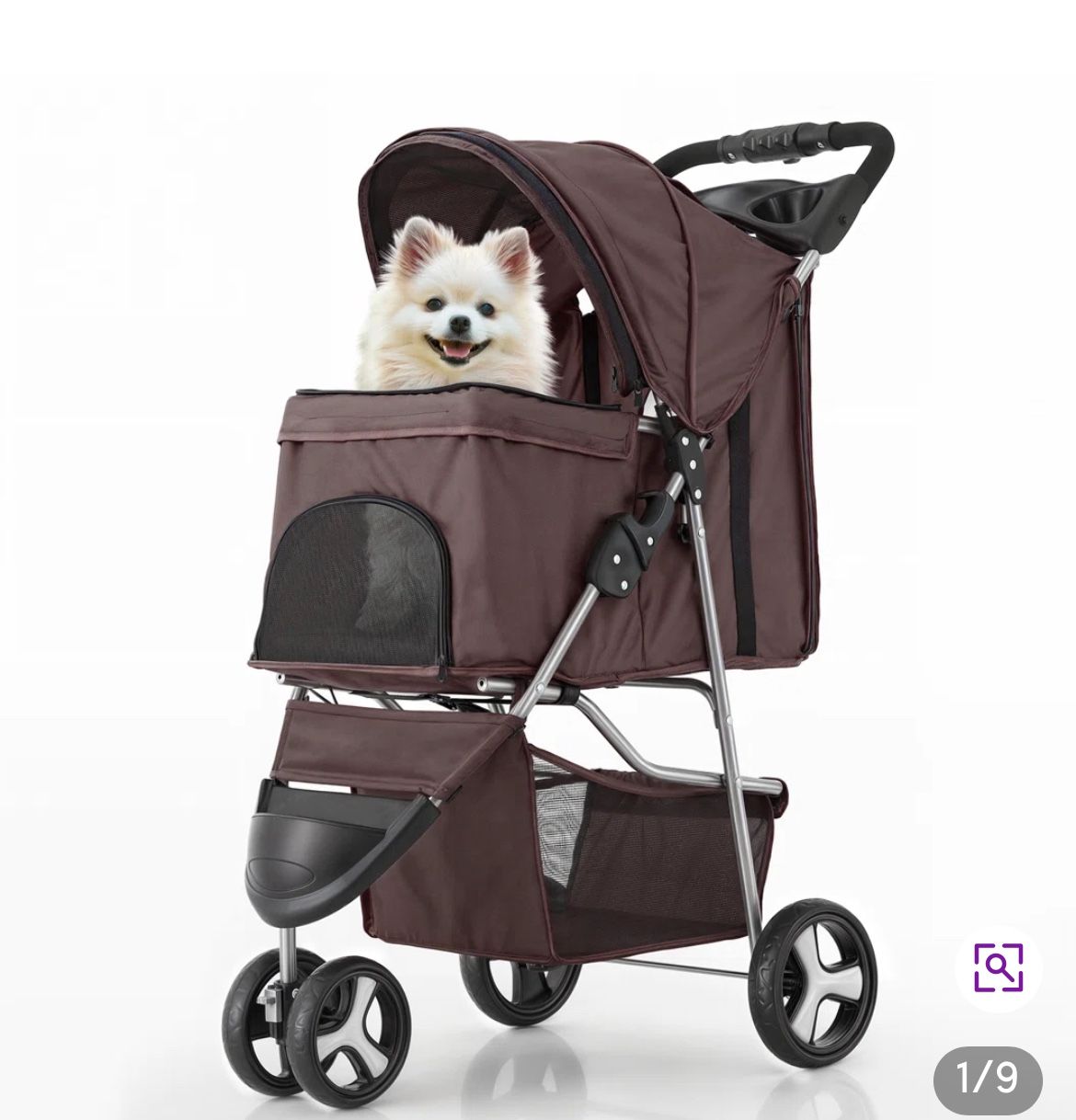 Foldable Pet Stroller, 3 Wheels Folding Carrier Jogger Stroller for Dogs Cats with Canopy and Basket
