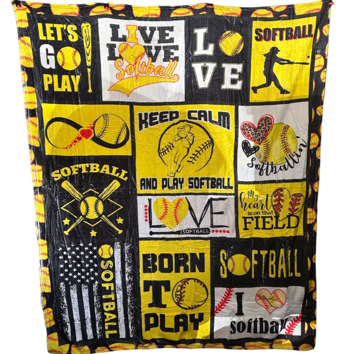 Softball Blanket Throw 50x60 Live Love Softball Born to Play Yellow Black